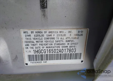 2002 Honda Accord 3.0 Ex from USA, damaged, VIN 1HGCG16502A017803